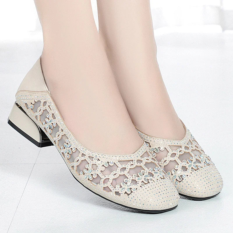 Eleganckie, letnie buty z siateczki z kryształkami: miękka podeszwa, oddychający design z wycięciami dla mam, rozmiary 35-40