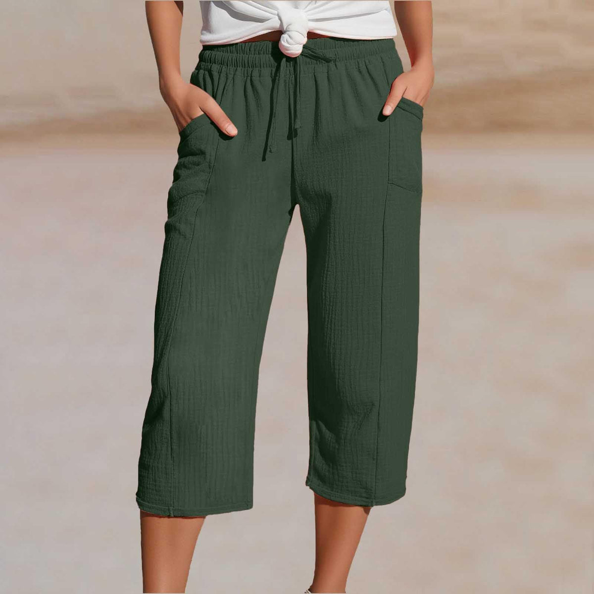 đ¸Pantalones cropped plisados de color sĂłlido para mujer, de algodĂłn y lino