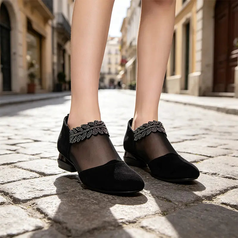 👡【Zniżka ograniczona czasowo】【36-41】💎 Buty na niskim obcasie, siateczka i kryształki, styl francuski