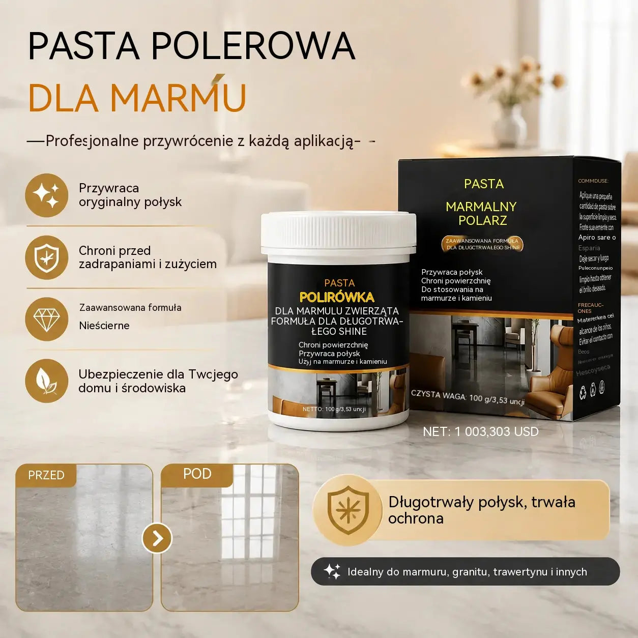 🥳 🔥 Dwie butelki za jedyne 109 zł! ✨ Pasta do polerowania marmuru – usuń zarysowania, przywróć połysk i zabezpiecz powierzchnię w zaledwie 2 minuty 🛡️