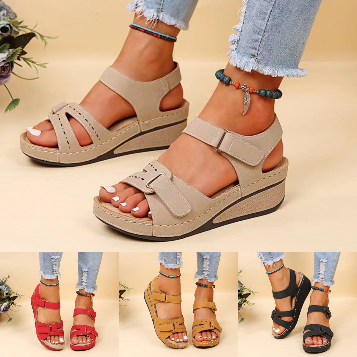 【💥50% zniżki💥】🔥【35-43】Modne letnie sandały na koturnie z grubą podeszwą,✨ wygodne i antypoślizgowe, 🌷oddychające i swobodne