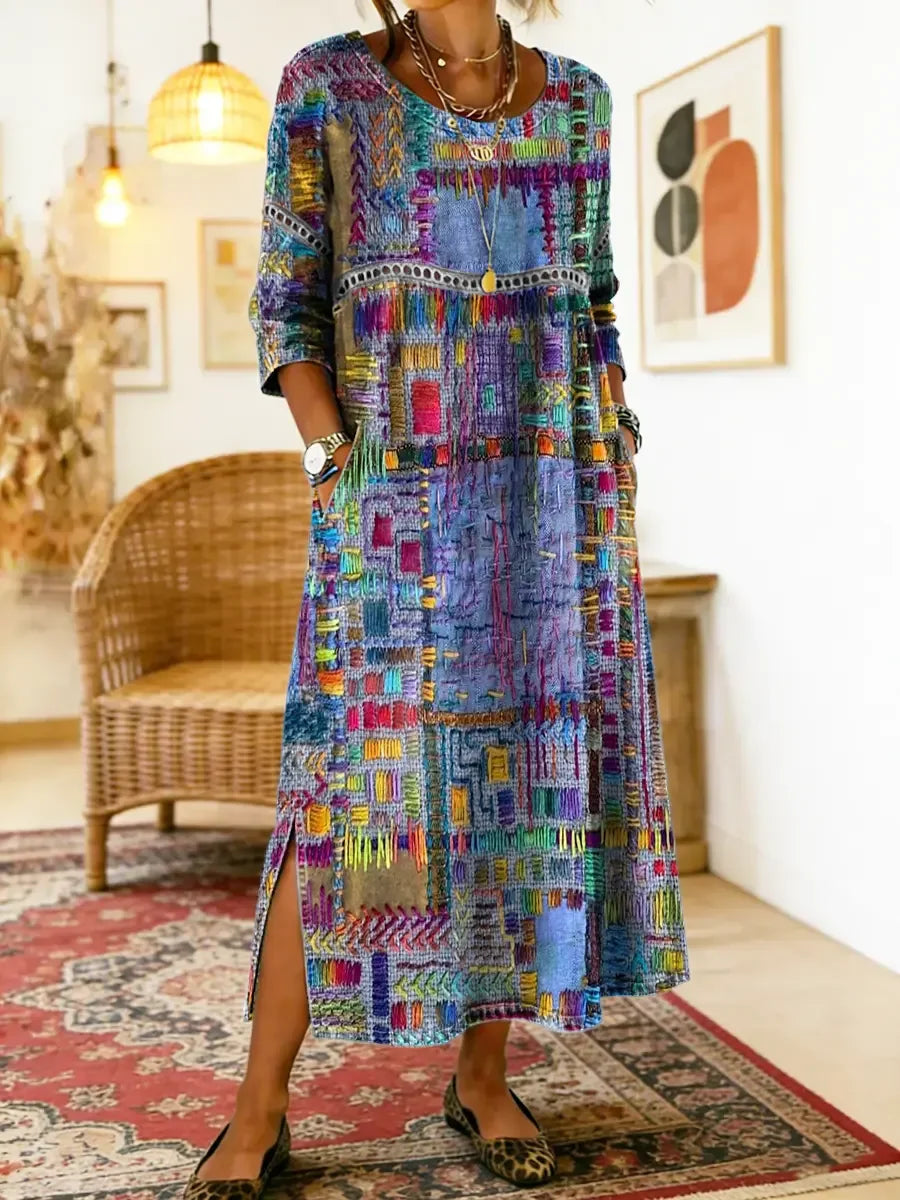 💟【50% DE DESCUENTO】Vestido de algodón con estampado étnico y patchwork para mujer con ribete de encaje