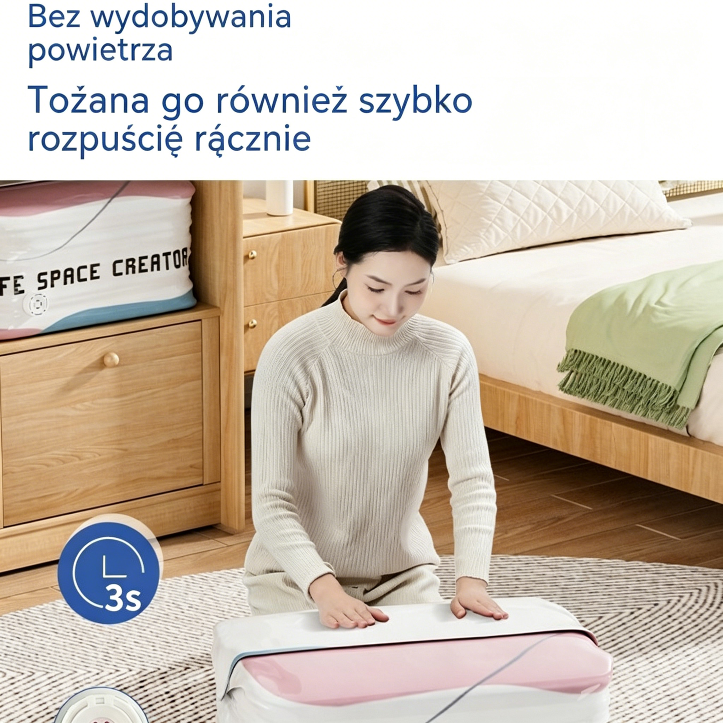 👕📦【Zestaw 5 sztuk!20 zł / sztuka】Worki próżniowe do kompresji ubrań, nie wymagają pompki | Dwuwarstwowy pasek uszczelniający o pogrubionej konstrukcji zapobiegający pękaniu i przeciekaniu.