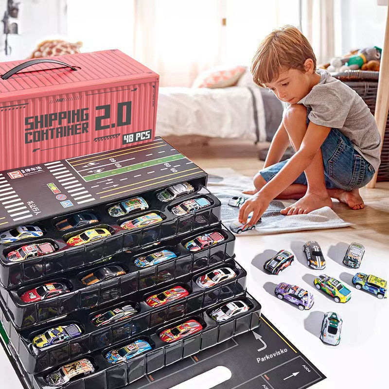 💥50% de descuento🎁 Set de regalo de juguete de 48 mini contenedores de hojalata para autos con parte trasera retráctil y garaje incorporado