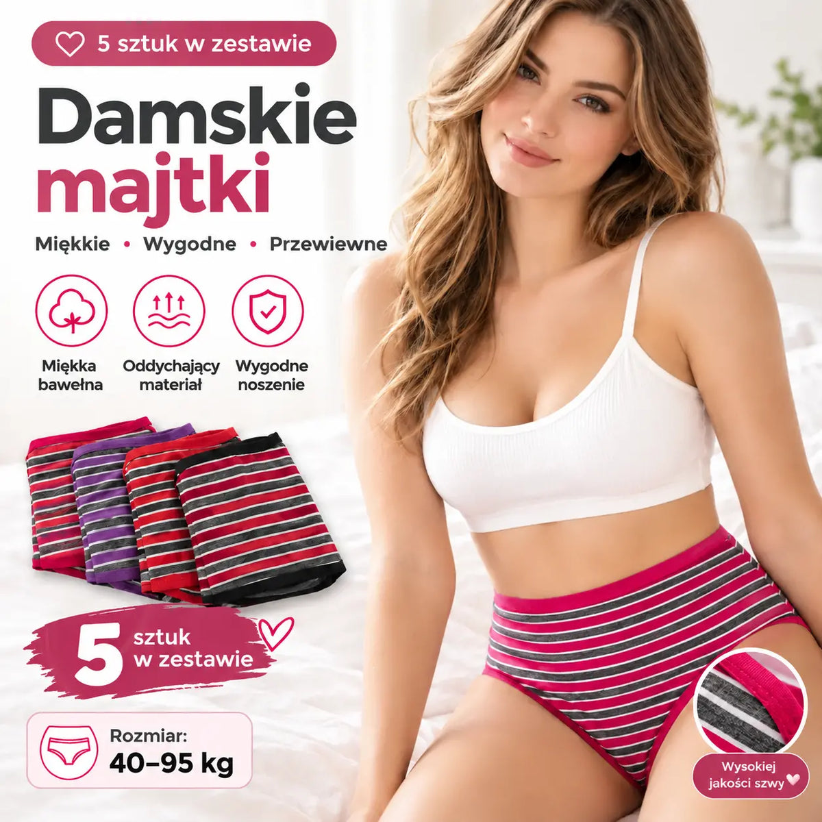 💖【10 sztuk】🆕🩲 Damska bawełniana bielizna w paski z wysokim stanem – wygodny krój plus size (40–95 kg)