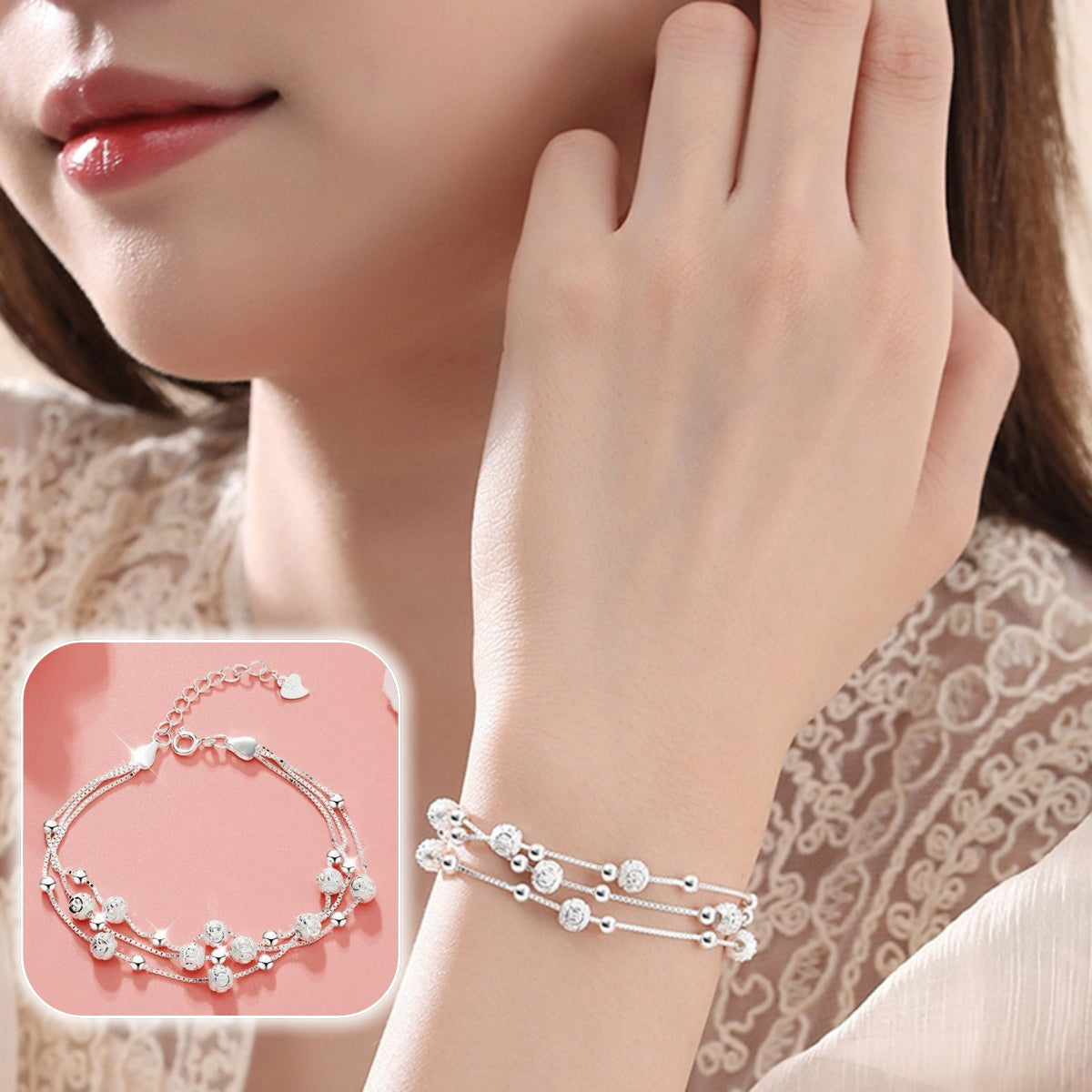 🍨【Compre 1 y obtenga 1 gratis】🧊 Pulsera creativa y minimalista de plata 999 con cuentas de la suerte “Tres vidas, tres mundos” brillantes, pulsera de plata para mujer