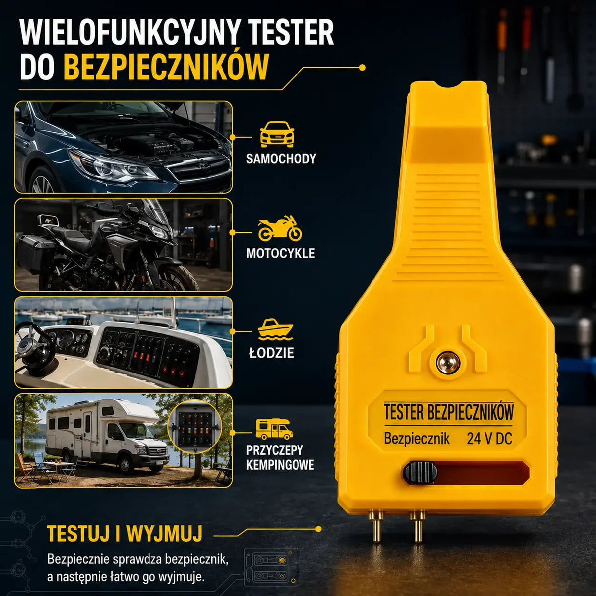 ⚡ Tester i wyciągacz do bezpieczników samochodowych 2 w 1 (Kompatybilny z 12V/24V / Zielony wskaźnik LED / Regulowany rozstaw / Do samochodów, ciężarówek i łodzi)! 🚗✨