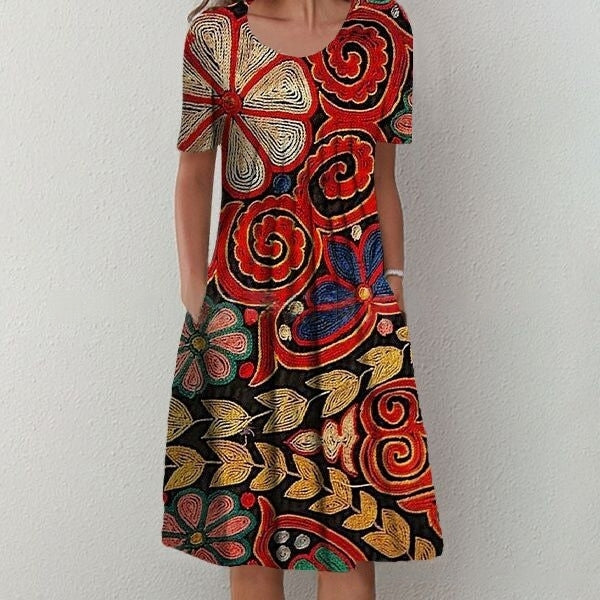 šćS-5XLćVestido estampado de cuello redondo de moda 2025