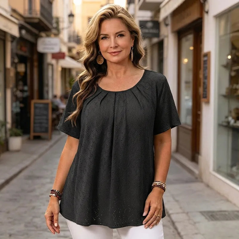 【L-6XL】Bluză Elegantă de Damă cu Broderie Sparte și Pliuri la Decolteu, Tricou Lejer cu Mânecă Scurtă, Cămașă Texturată în Stil Francez