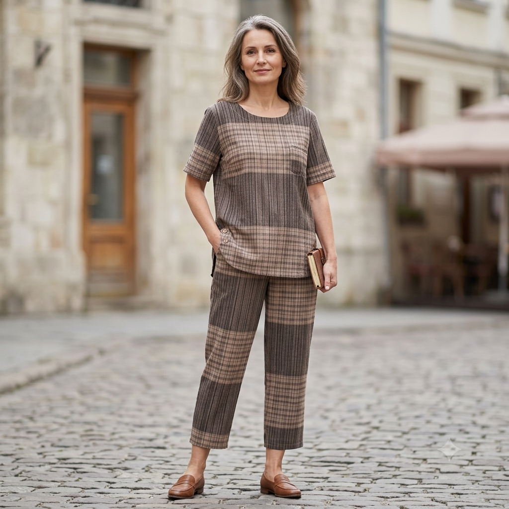 【Spodnie + Top】Komplet spodni bawełnianych w kratę i T-shirtu w dużym rozmiarze