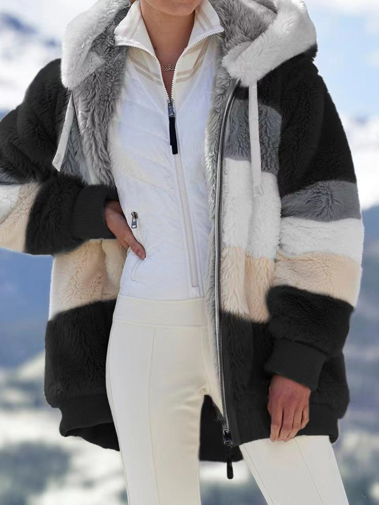 ☃️Nuevos productos de otoño e invierno❄️【S-5XL】 Chaqueta de mujer 2025 con franjas de peluche grueso en contraste.Moda y cálidos
