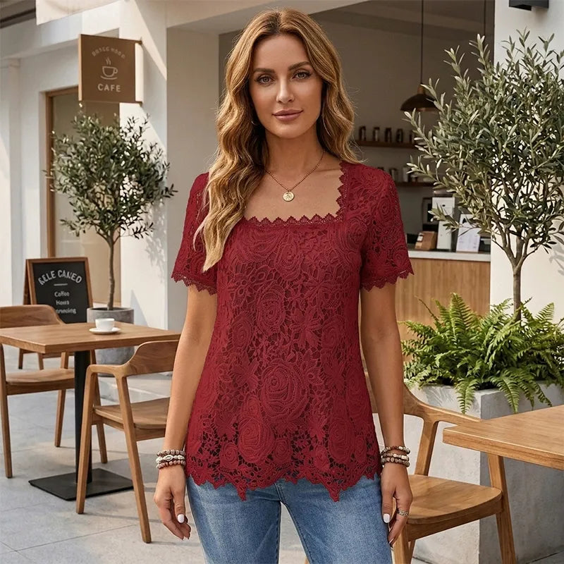 👚Bluzka z krótkim rękawem, kwadratowym dekoltem i koronkowymi wycięciami w stylu francuskim