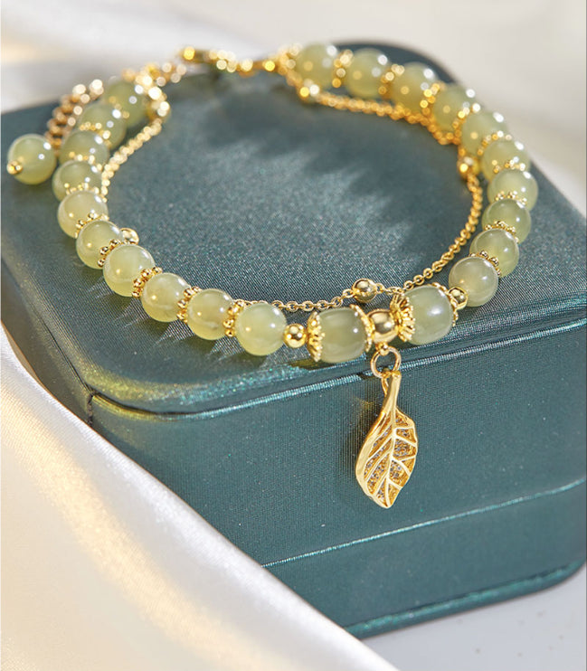 ✨Compra una y llévate otra gratis🔥Pulsera de jade hetiano con hoja de albaricoque en oro de 14 quilates (2025)