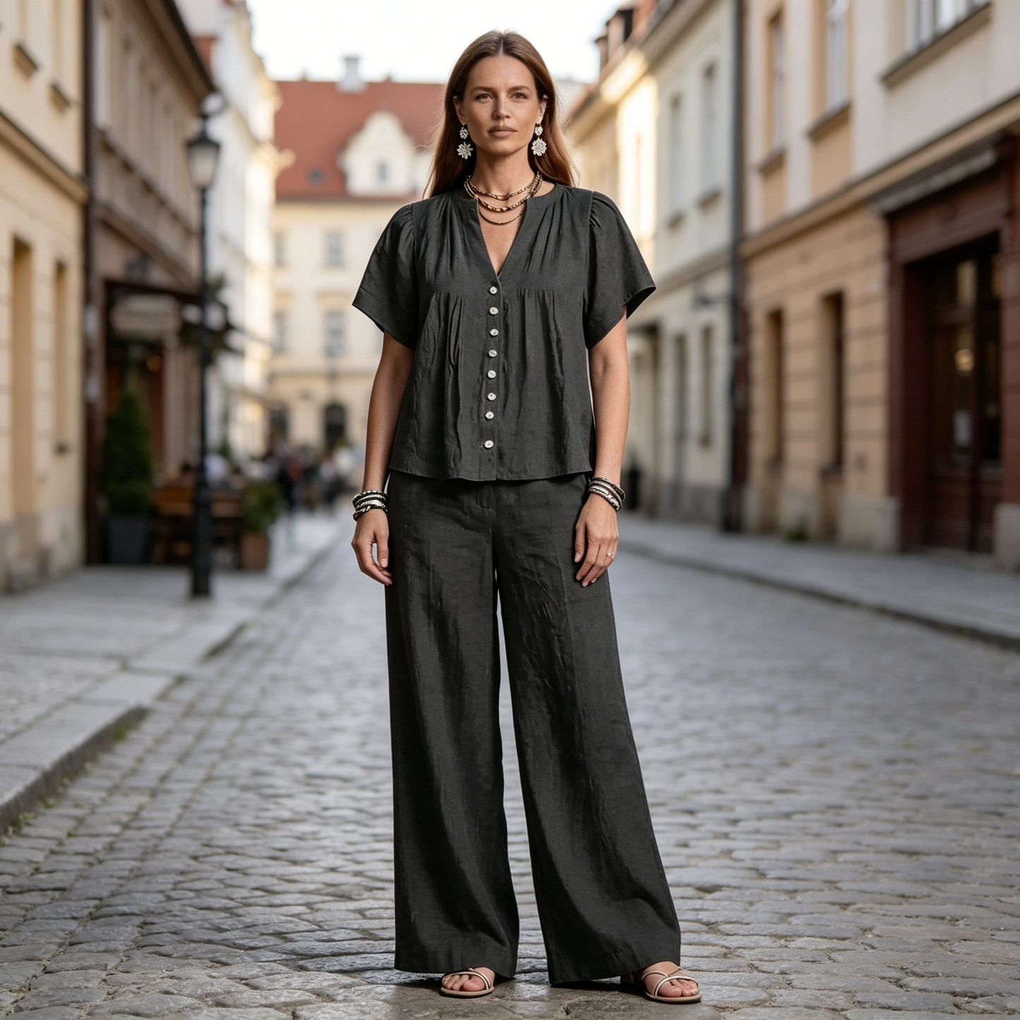 Nowy damski dwuczęściowy komplet: koszula i spodnie, dekolt w serek, zapinany na guziki. ✅️Płatność przy odbiorze