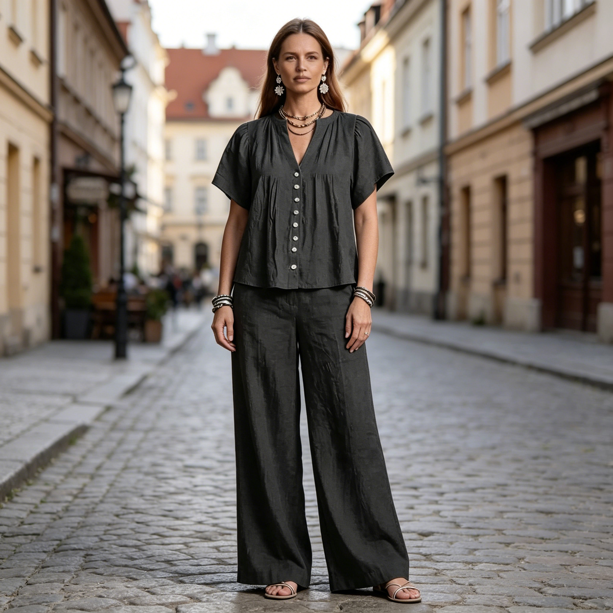 Nowy damski dwuczęściowy komplet: koszula i spodnie, dekolt w serek, zapinany na guziki. ✅️Płatność przy odbiorze