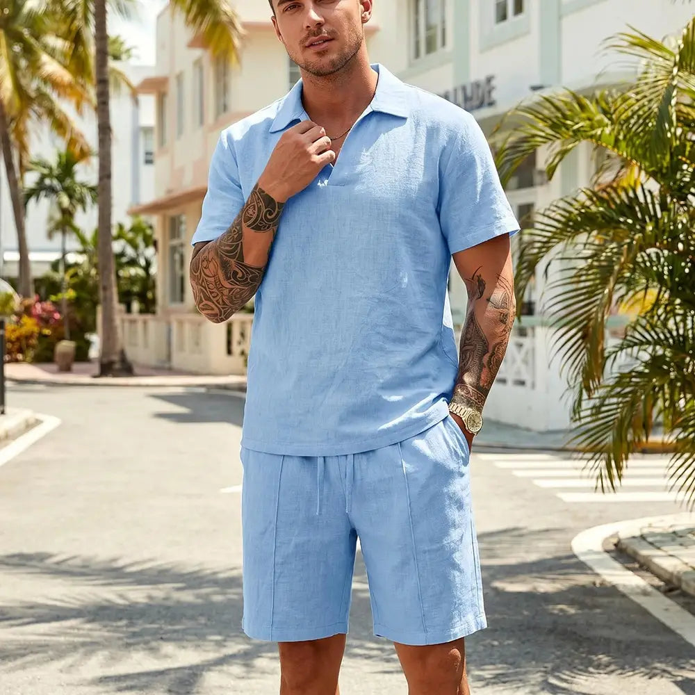 【M-3XL】Conjunto de lino de verano para hombre, material transpirable, corte holgado, un básico de verano.
