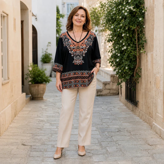 【Rozmiary XL-5XL】Elegancka bluzka damska z nadrukiem boho i dekoltem w serek, luźny krój, styl retro etniczny, cienki i modny materiał
