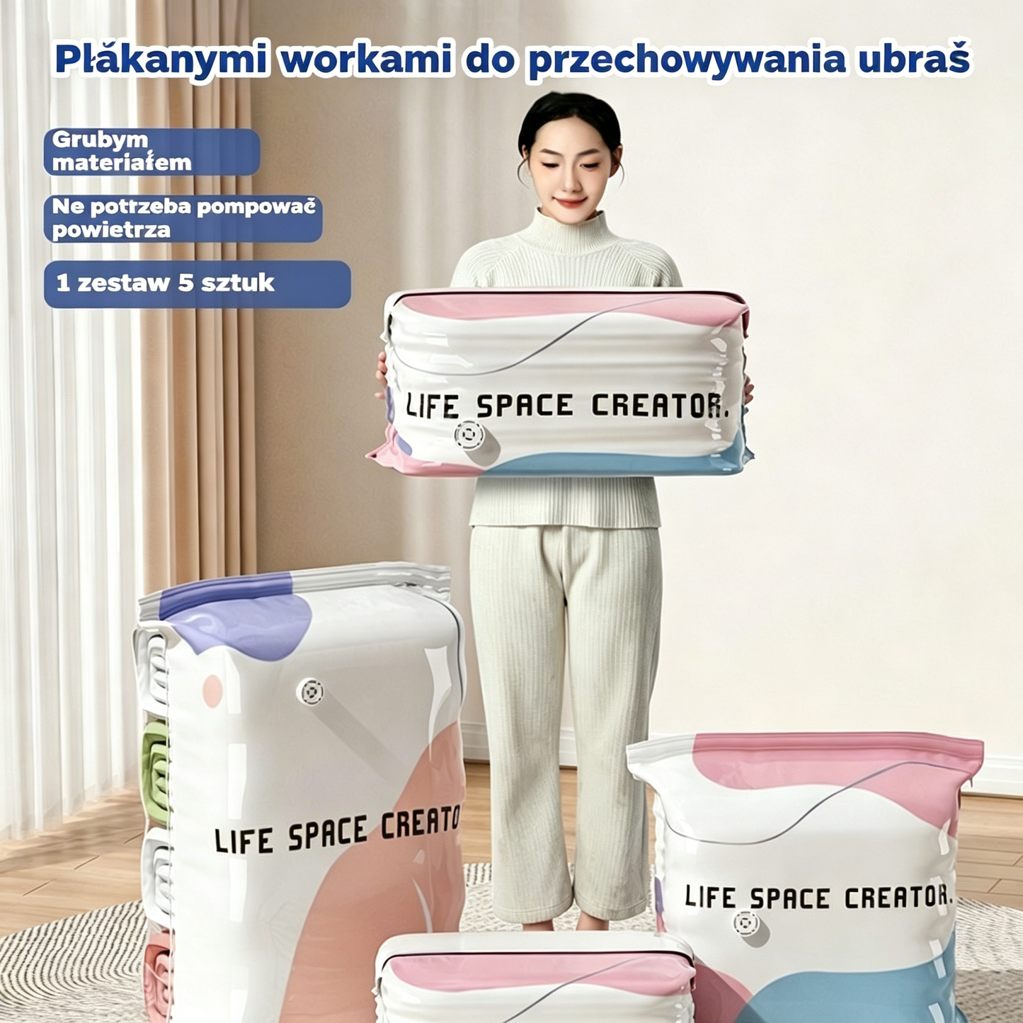 👕📦【Zestaw 5 sztuk!20 zł / sztuka】Worki próżniowe do kompresji ubrań, nie wymagają pompki | Dwuwarstwowy pasek uszczelniający o pogrubionej konstrukcji zapobiegający pękaniu i przeciekaniu.