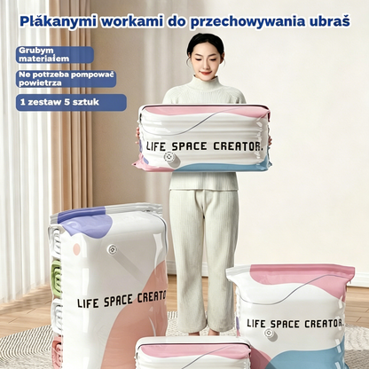 👕📦【Zestaw 5 sztuk!20 zł / sztuka】Worki próżniowe do kompresji ubrań, nie wymagają pompki | Dwuwarstwowy pasek uszczelniający o pogrubionej konstrukcji zapobiegający pękaniu i przeciekaniu.