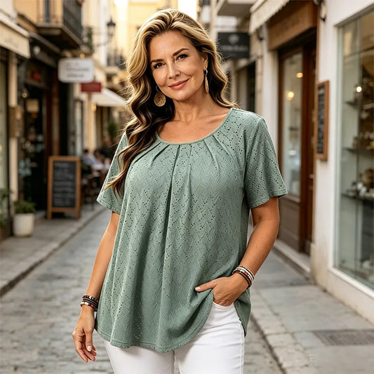 【L-6XL】Bluză Elegantă de Damă cu Broderie Sparte și Pliuri la Decolteu, Tricou Lejer cu Mânecă Scurtă, Cămașă Texturată în Stil Francez