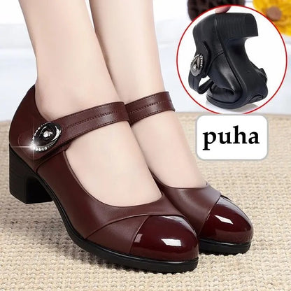 💕【50% zniżki】👞Damskie skórzane buty na grubym obcasie, z okrągłym noskiem i miękką podeszwą (rozmiary 35-40)🩰