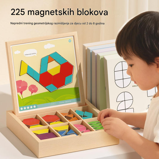 👶🌈🧩【225 elementów】🔥 Magnetyczny drewniany tangram – układanka edukacyjna, trening mózgu i kreatywnego myślenia dla dzieci