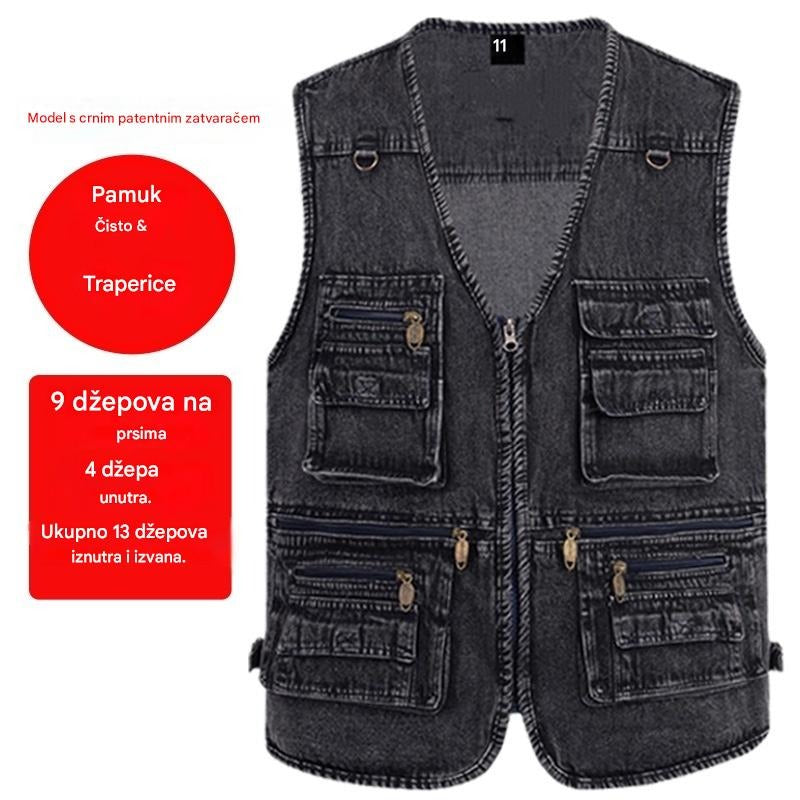 🔥 【Nova kolekcija -50%】Muški traper prsluk s mnogo džepova 【XL–7XL】 – Izdržljiv, prozračan i udoban