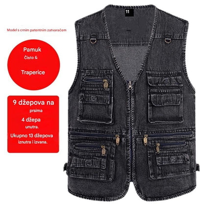 🔥 【Nova kolekcija -50%】Muški traper prsluk s mnogo džepova 【XL–7XL】 – Izdržljiv, prozračan i udoban