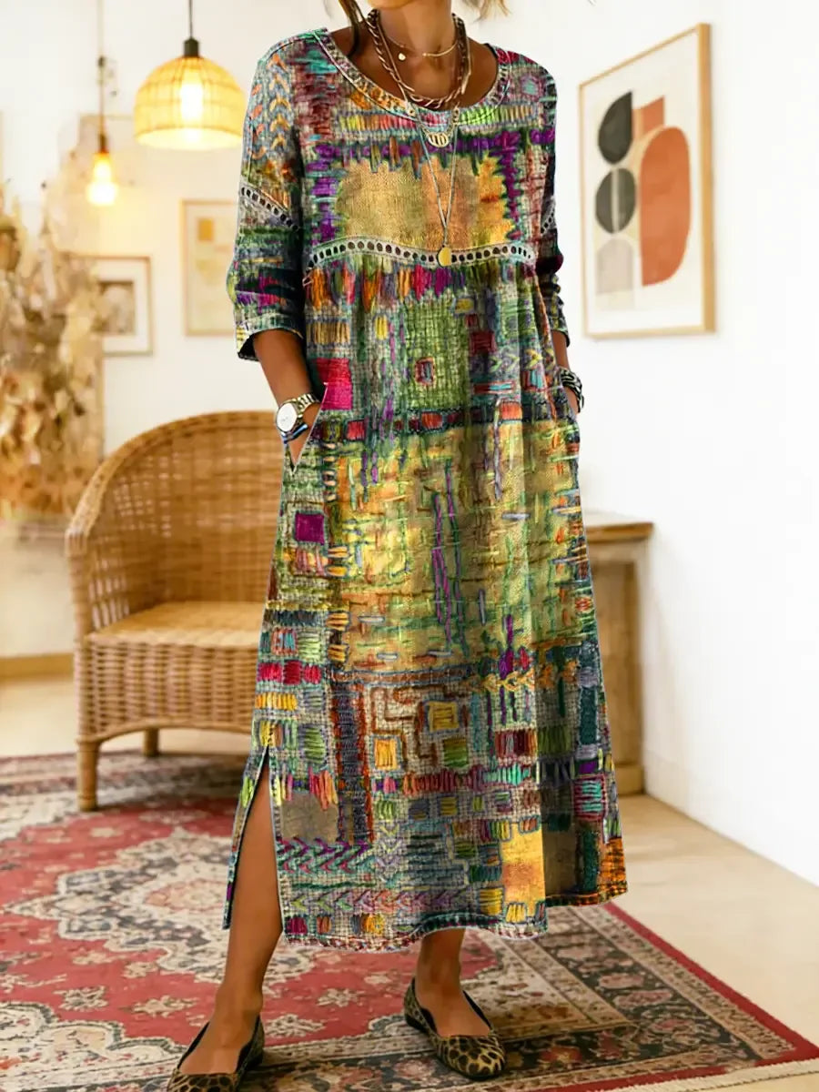 💟【50% DE DESCUENTO】Vestido de algodón con estampado étnico y patchwork para mujer con ribete de encaje