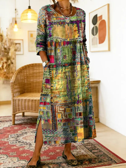 💟【50% DE DESCUENTO】Vestido de algodón con estampado étnico y patchwork para mujer con ribete de encaje