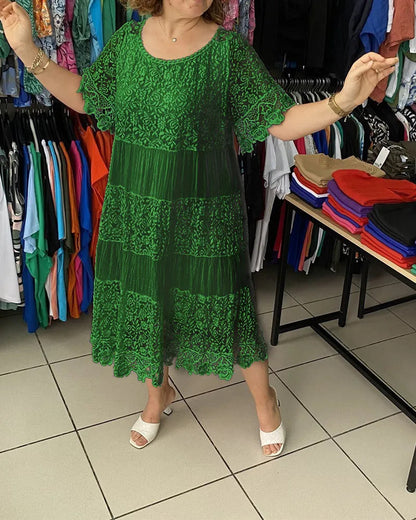 🔥【50% DE DESCUENTO】✨✨✨【S-5XL】Nuevo vestido 2026 con mangas cortas, escote redondo y encaje.