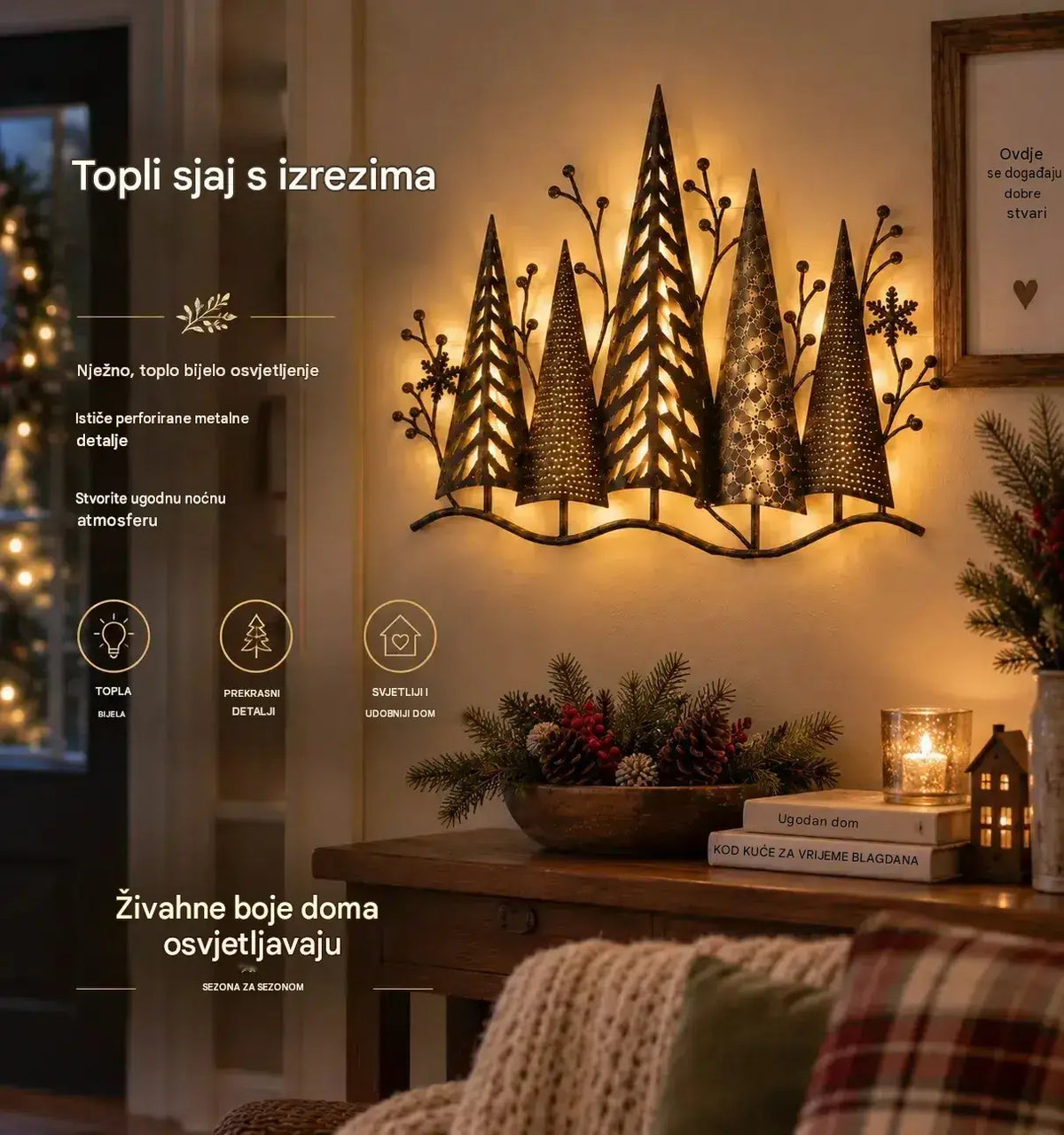 🎄🕯️ Osvijetljena metalna zidna dekoracija sa šumskim motivom i retro štihom 🌙