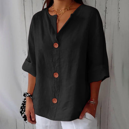 🔥【Zniżka ograniczona czasowo】【S-5XL】🔥Nowość na wiosnę/lato 2026: Luźny t-shirt — Damski top z bawełny i lnu z dekoltem w serek