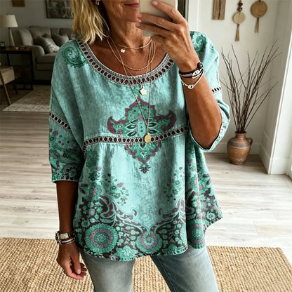 Paryski styl boho-chic: wyrazisty cyfrowy nadruk i wykwintne perforowane detale koronkowe dla młodzieńczego i świeżego wyglądu!