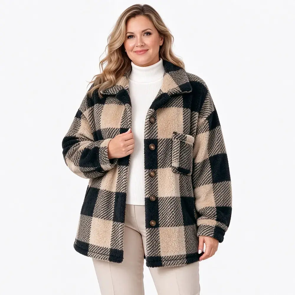 🧥【S-5XL】Damski pluszowy płaszcz w kratę, gruby materiał ze sztucznego futra, luźny krój, ciepła kurtka jesienno-zimowa🥰