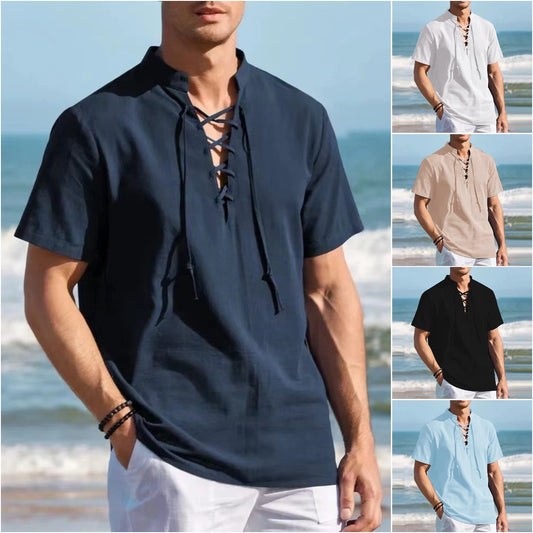 👔 50% zniżki 🔥 Męska koszula henley z bawełny i lnu (40-100 kg), duży rozmiar, dekolt w serek ze sprzączką ✅️ Płatność przy odbiorze