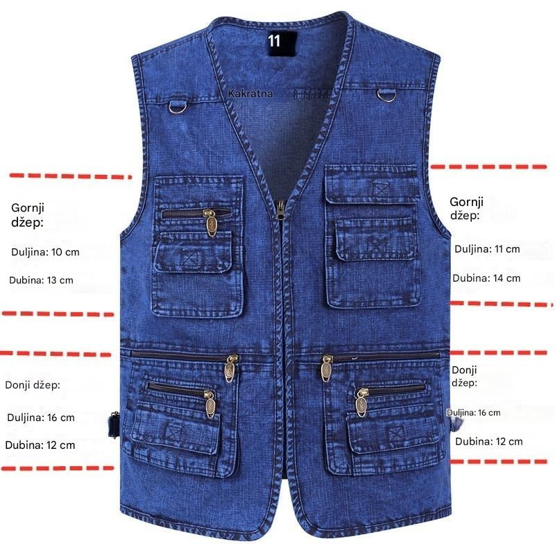 🔥 【Nova kolekcija -50%】Muški traper prsluk s mnogo džepova 【XL–7XL】 – Izdržljiv, prozračan i udoban