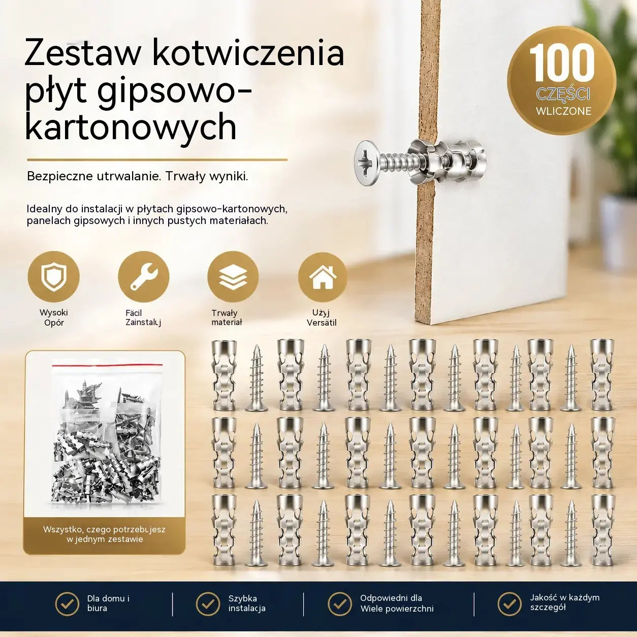 🛠️【100 par】🔩 Zestaw samowiercących kotew do płyt gipsowo-kartonowych ze śrubami 🧱 – łatwe w montażu akcesoria do montażu na ścianie