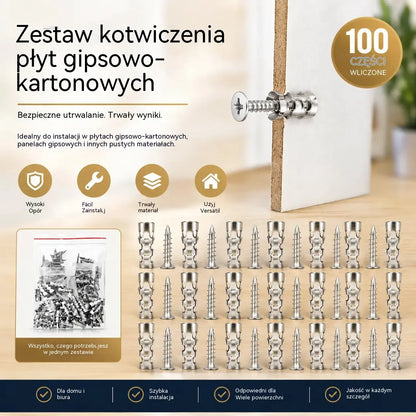🛠️【100 par】🔩 Zestaw samowiercących kotew do płyt gipsowo-kartonowych ze śrubami 🧱 – łatwe w montażu akcesoria do montażu na ścianie