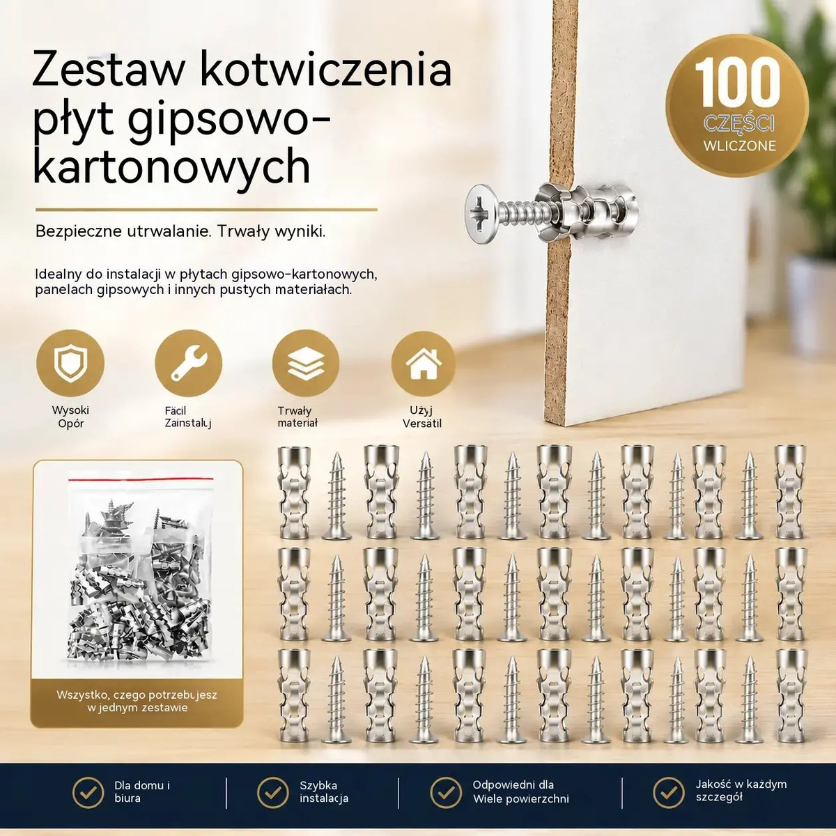 🛠️【100 par】🔩 Zestaw samowiercących kotew do płyt gipsowo-kartonowych ze śrubami 🧱 – łatwe w montażu akcesoria do montażu na ścianie