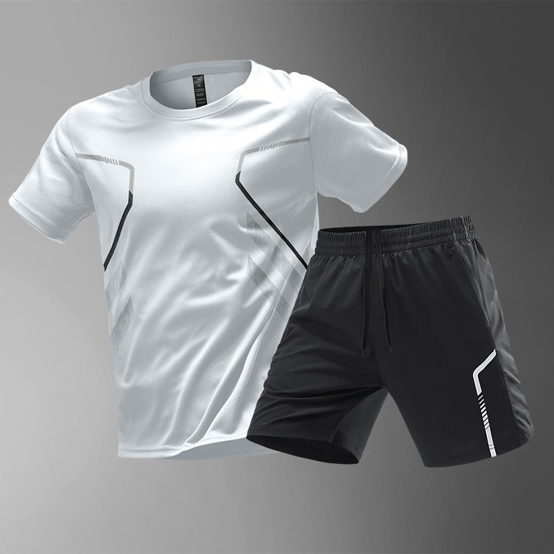 [M-5XL] Dwuczęściowy męski kombinezon sportowy wykonany z szybkoschnącego materiału ice silk – wygodna koszulka z krótkim rękawem i spodenki