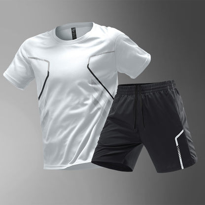 [M-5XL] Dwuczęściowy męski kombinezon sportowy wykonany z szybkoschnącego materiału ice silk – wygodna koszulka z krótkim rękawem i spodenki