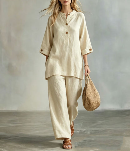 【S-5XL】Luźny, wakacyjny garnitur, eleganckie i stylowe spodnie z drewnianymi guzikami.