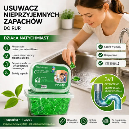 Zestaw 2 sztuk – rozpuszczalne w wodzie kapsułki eliminujące nieprzyjemne zapachy z odpływów; idealne rozwiązanie zapobiegające powstawaniu przykrych woni w łazienkach i kuchniach.