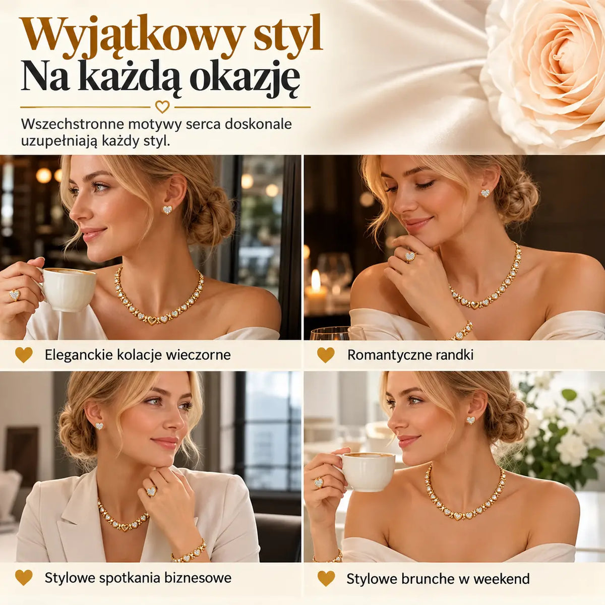 🎁 Wczesna oferta świąteczna: połowa ceny 🎅 4-częściowy, pozłacany klasyczny zestaw biżuterii w kształcie serca
