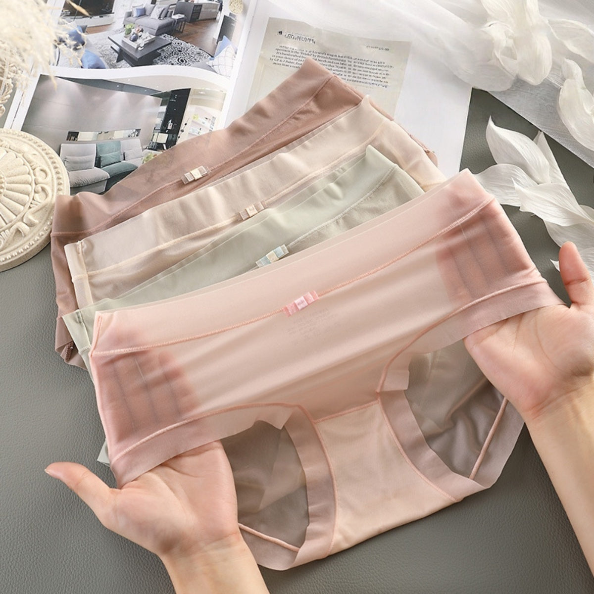 🔥【Paquete de 6】Ropa interior de seda helada de cintura alta y fina para mujer, 🎀seda helada acuosa, 🎀grosor tan fino como una mascarilla facial