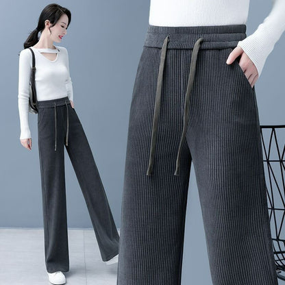 🔥 👖👖Nuevos pantalones casuales de terciopelo de pierna ancha para mujer, muy cómodos de llevar, de cintura alta con cordón y corte holgado.