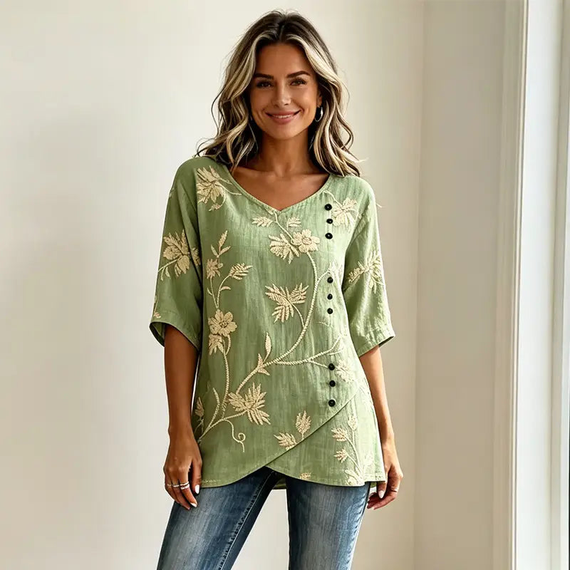👘[S-3XL] ✨Koszula w stylu vintage z mieszanki lnu i bawełny, haft kwiatowy, dekolt w serek, asymetryczne guziki, przewiewna i miękka tkanina.✨
