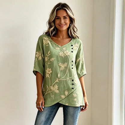 👘[S-3XL] ✨Koszula w stylu vintage z mieszanki lnu i bawełny, haft kwiatowy, dekolt w serek, asymetryczne guziki, przewiewna i miękka tkanina.✨