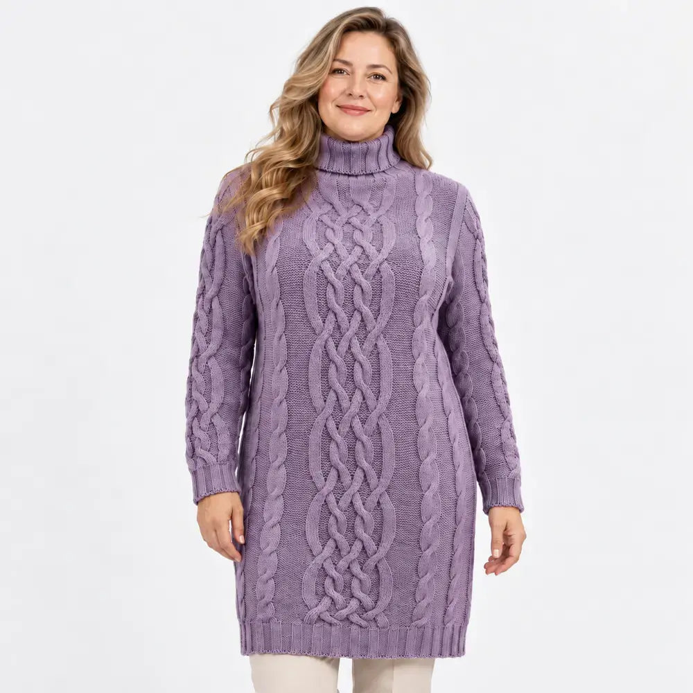 🧶🧥【1 kus, S–3XL】Dámske hrubé pletené šaty s rolákom a vrkočovým vzorom – pohodlný strih na jeseň a zimu.